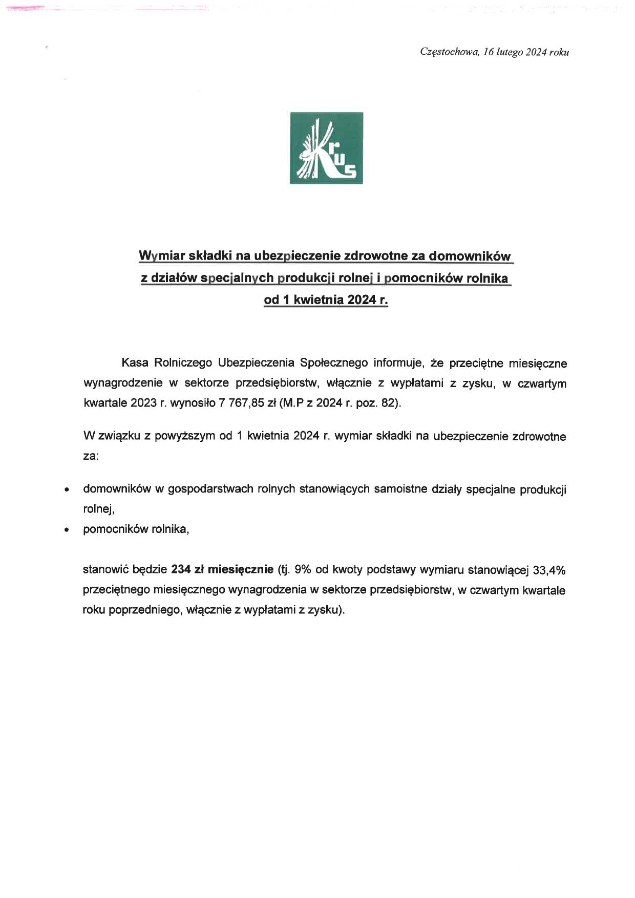 KRUS - pismo dot. ubezpiecznia zdrowotnego