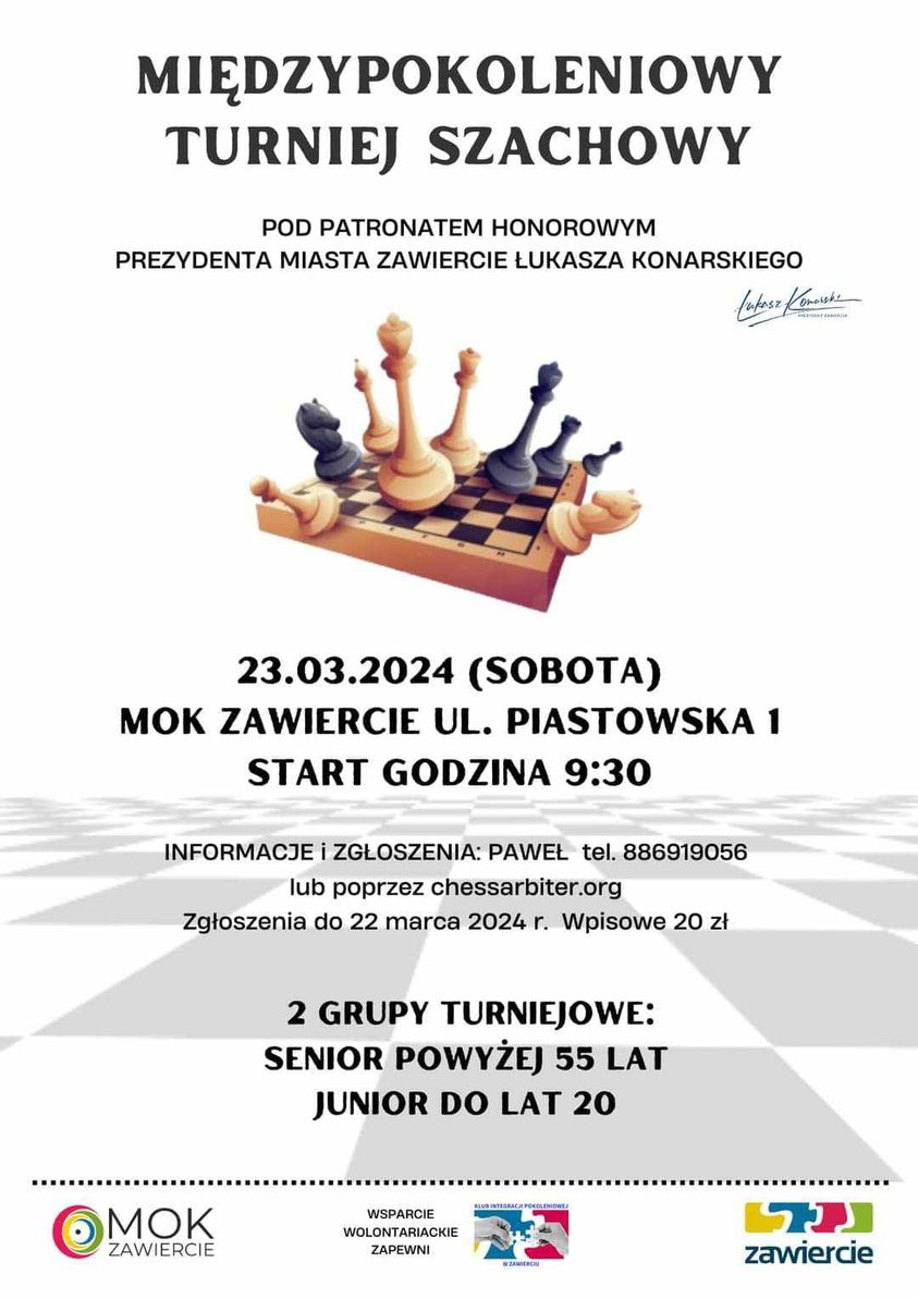 Plakat promujący turniej szachowy w Zawierciu