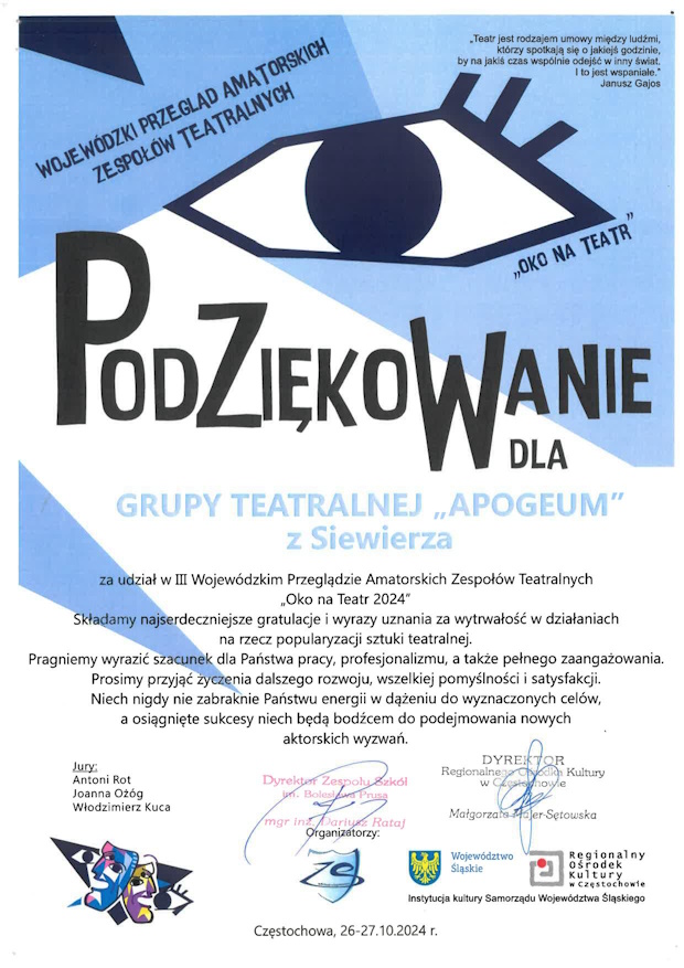 Podziękowanie dla grupy teatralnej Apogeum